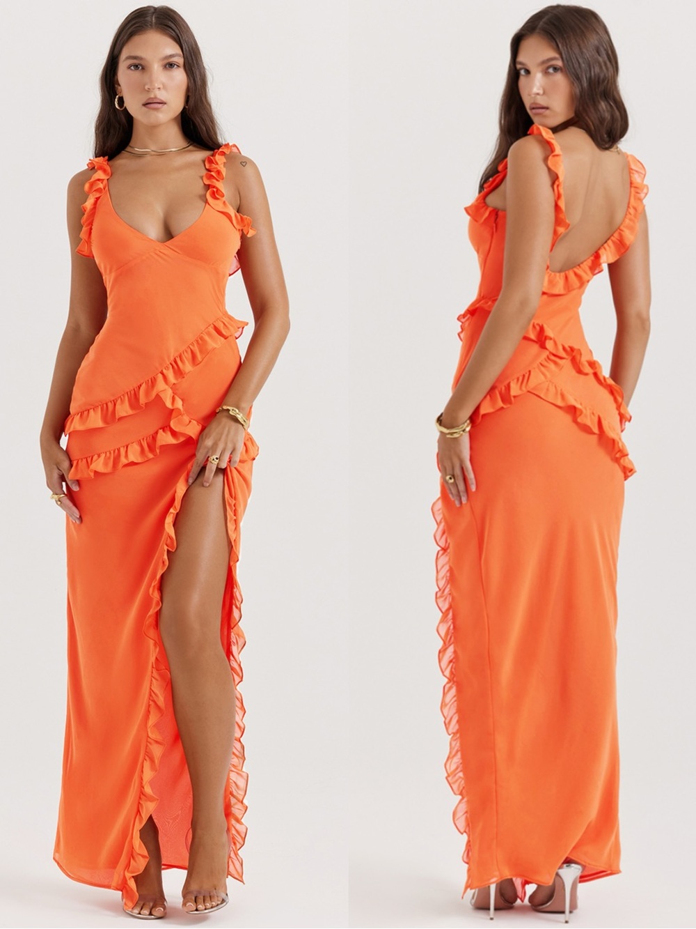 NWT House of CB Pixie Flame Orange Ruffle Maxi Dress L - Picture 2 of 14